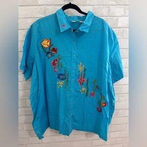 Bobbie Brooks Turquoise Ocean-Themed Button Down size 26/28 #1858